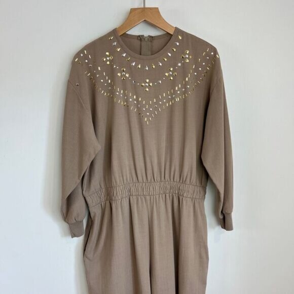 Handmade Womens Large Taupe Grey Long Sleeve Embellished Jewel Neckline Jumpsuit - Picture 2 of 11